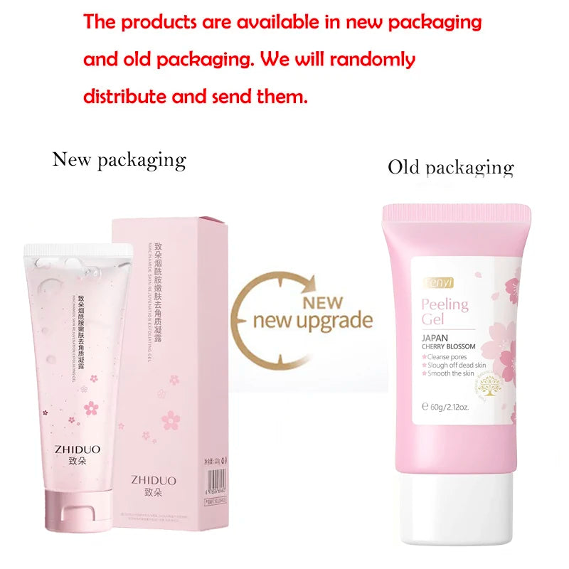 Pink cherry blossom peeling gel in new and original packaging designs, showing tubes and a box.