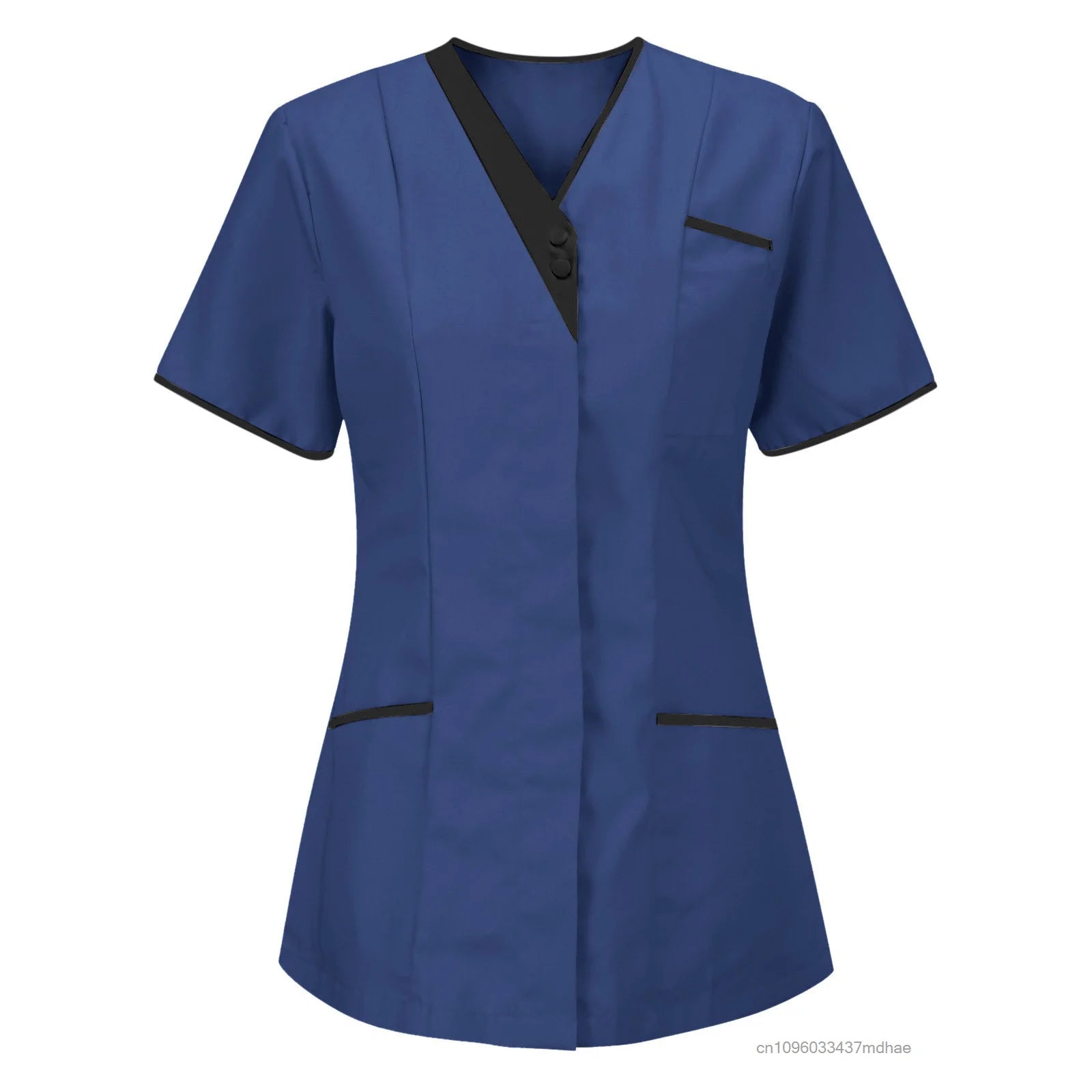 Blue short-sleeved V-neck tunic with black trim, button detail and two front pockets. Professional healthcare uniform.