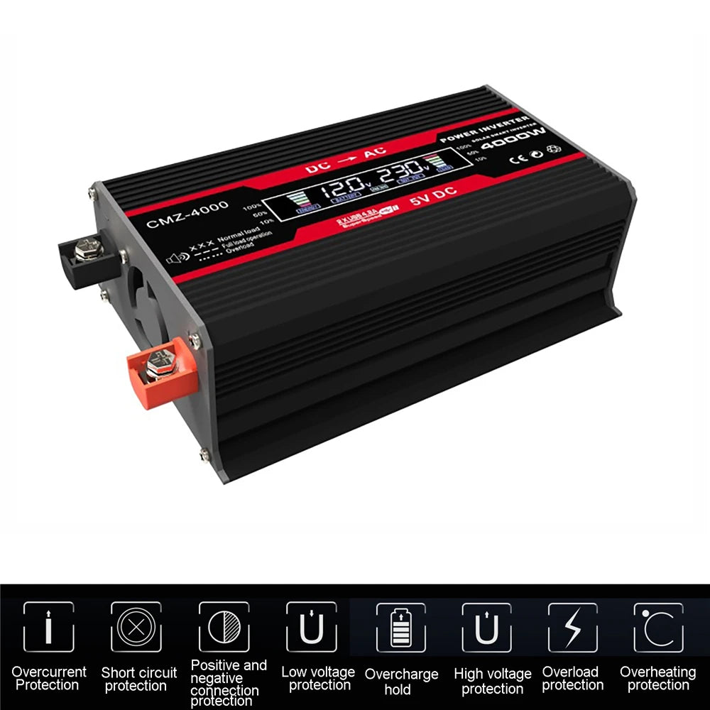 Black 4000W car power inverter with red trim, LED display showing DC to AC conversion, and input/output terminals.