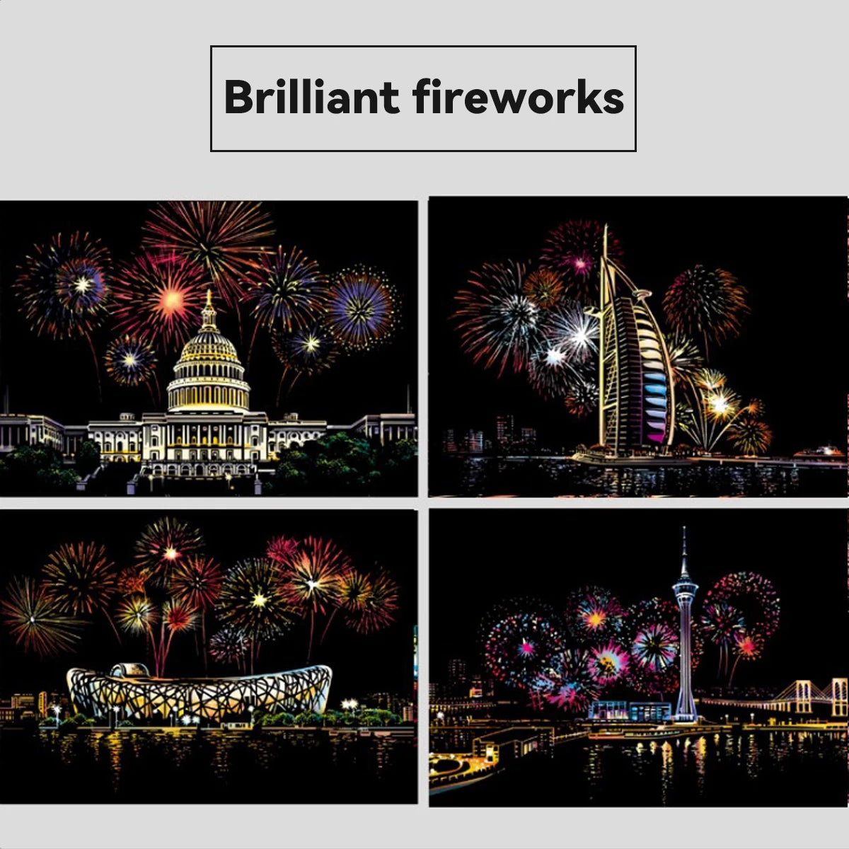 Four scratch-art pictures featuring iconic landmarks and vibrant, colourful fireworks against a black background.