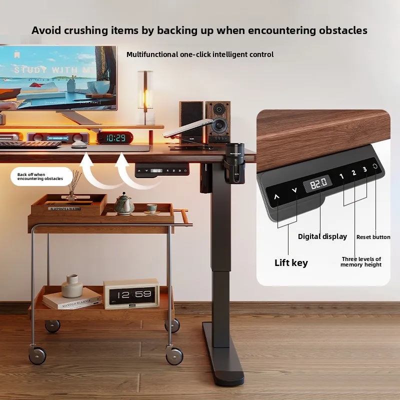 A standing desk features a dark wood top, black metal legs, and an inset digital control panel with memory buttons.