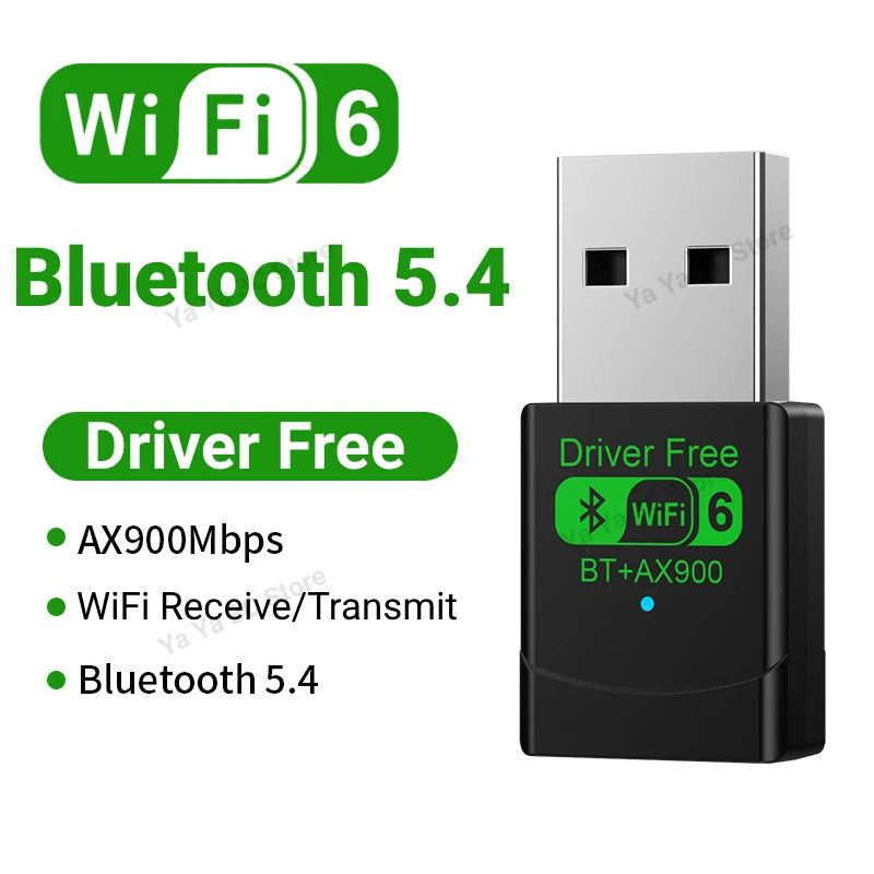 Compact black USB adapter featuring WiFi 6 and Bluetooth 5.4, displaying 'Driver Free' branding and status light.