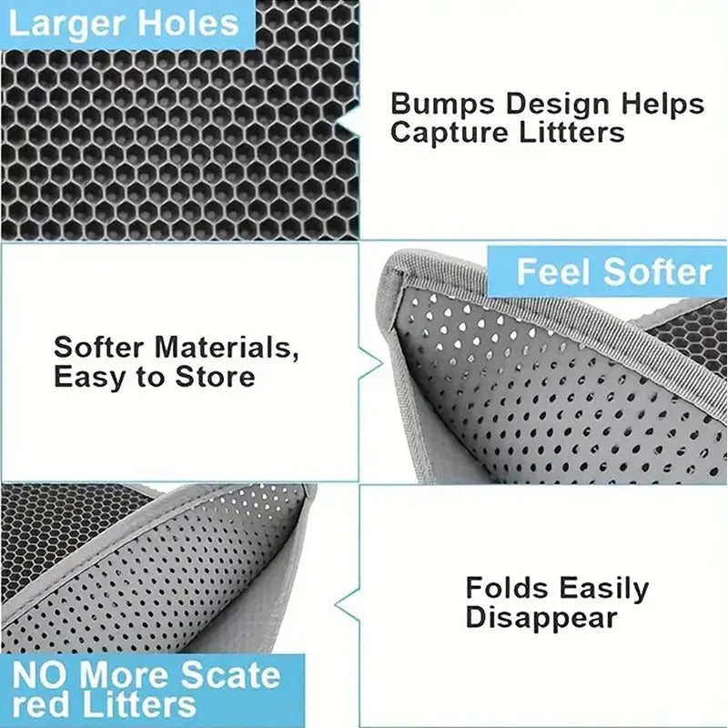 Grey double-layer cat litter mat with a soft, foldable honeycomb mesh design to capture scattered litter.