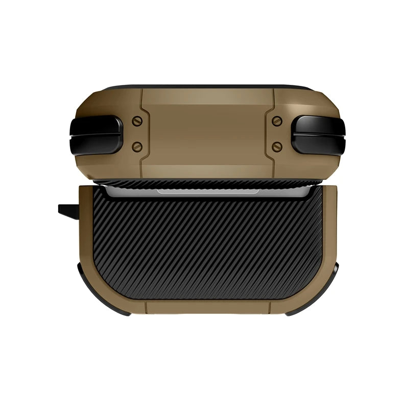 Rugged, khaki and black protective case for AirPods Pro. Durable, textured material with heavy-duty design.