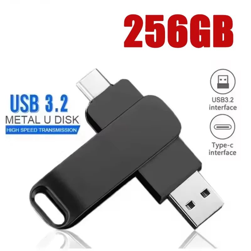 Black metal 2-in-1 swivel flash drive with USB 3.2 and Type-C connectors for high-speed data transfer.