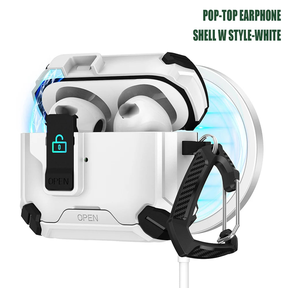 Rugged white protective case for Apple AirPods, featuring a secure lock mechanism, carabiner, and pop-top lid design.