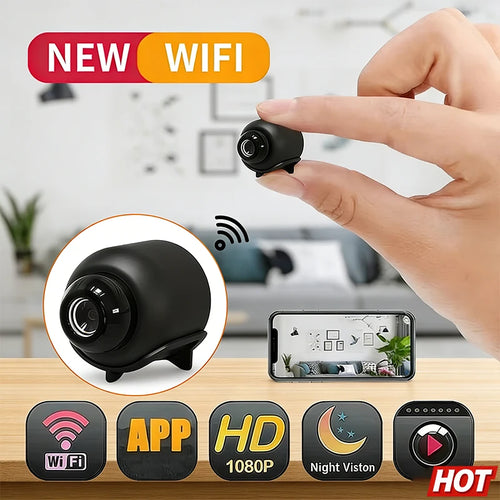 A hand holds a tiny, black wireless security camera with 1080p HD, night vision, and app-controlled motion detection.