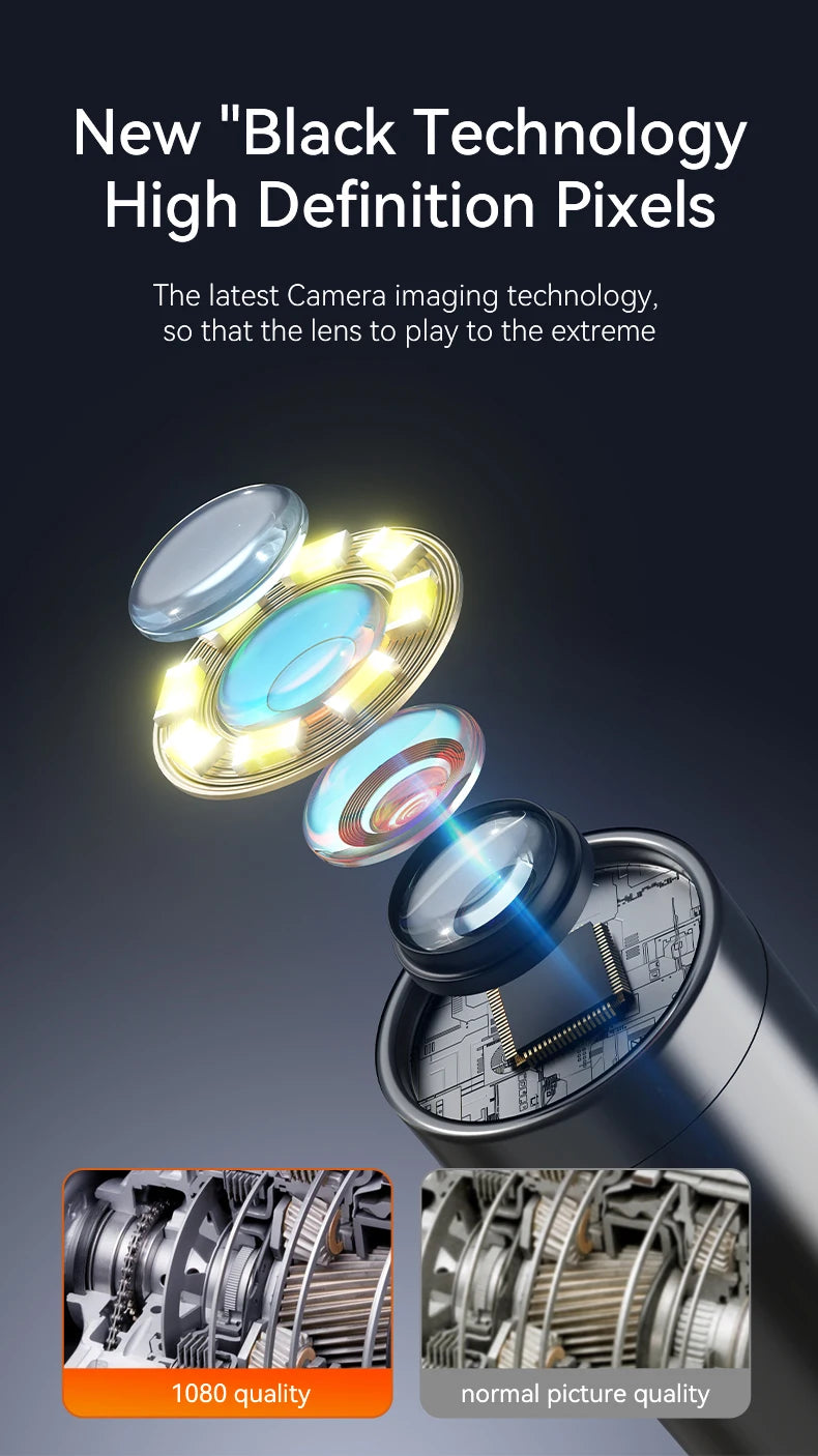 Exploded view of a borescope lens showing high-definition optics, internal chip, and LED ring light.
