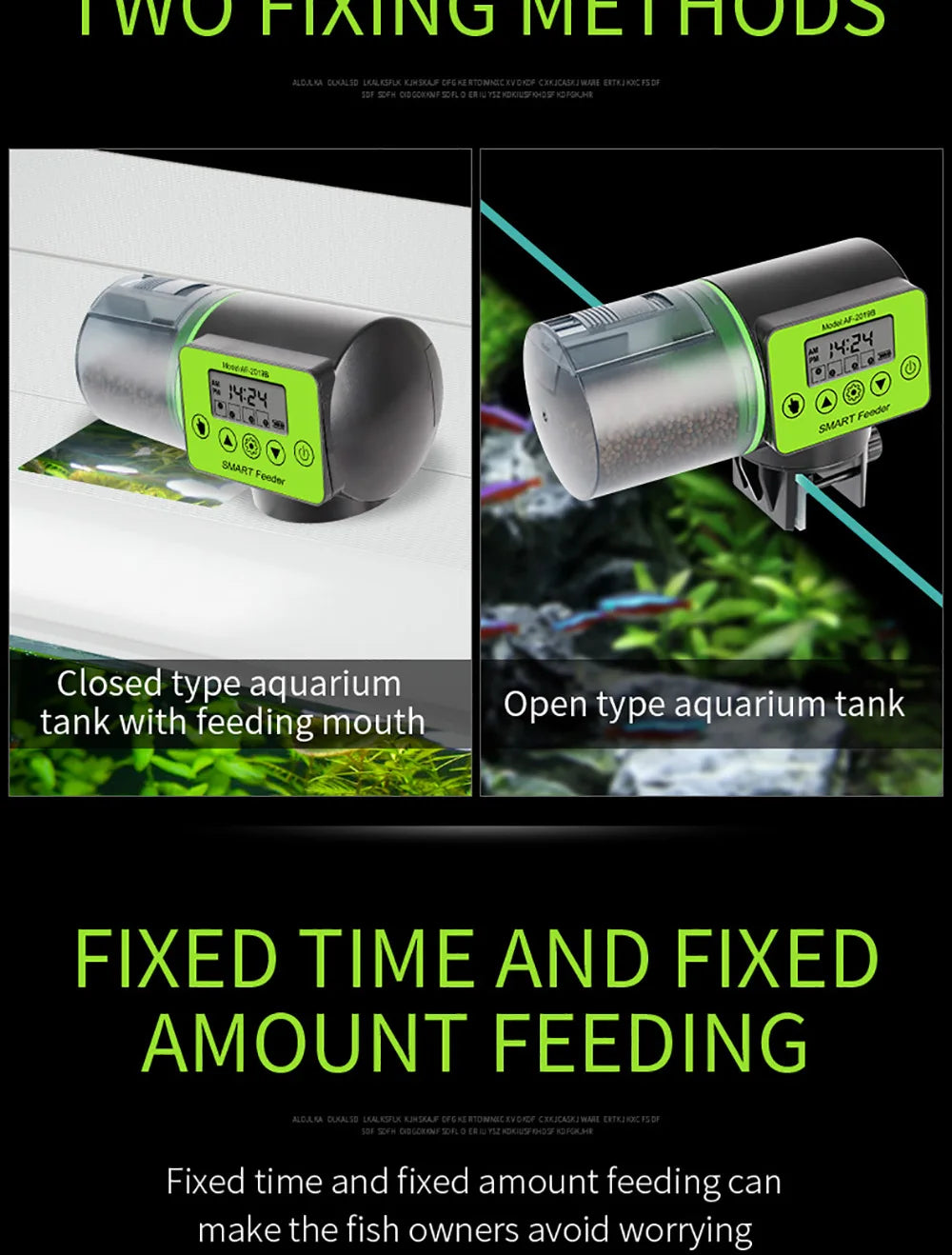 Automatic black and green digital fish feeder shown mounted on closed and open aquarium tanks.