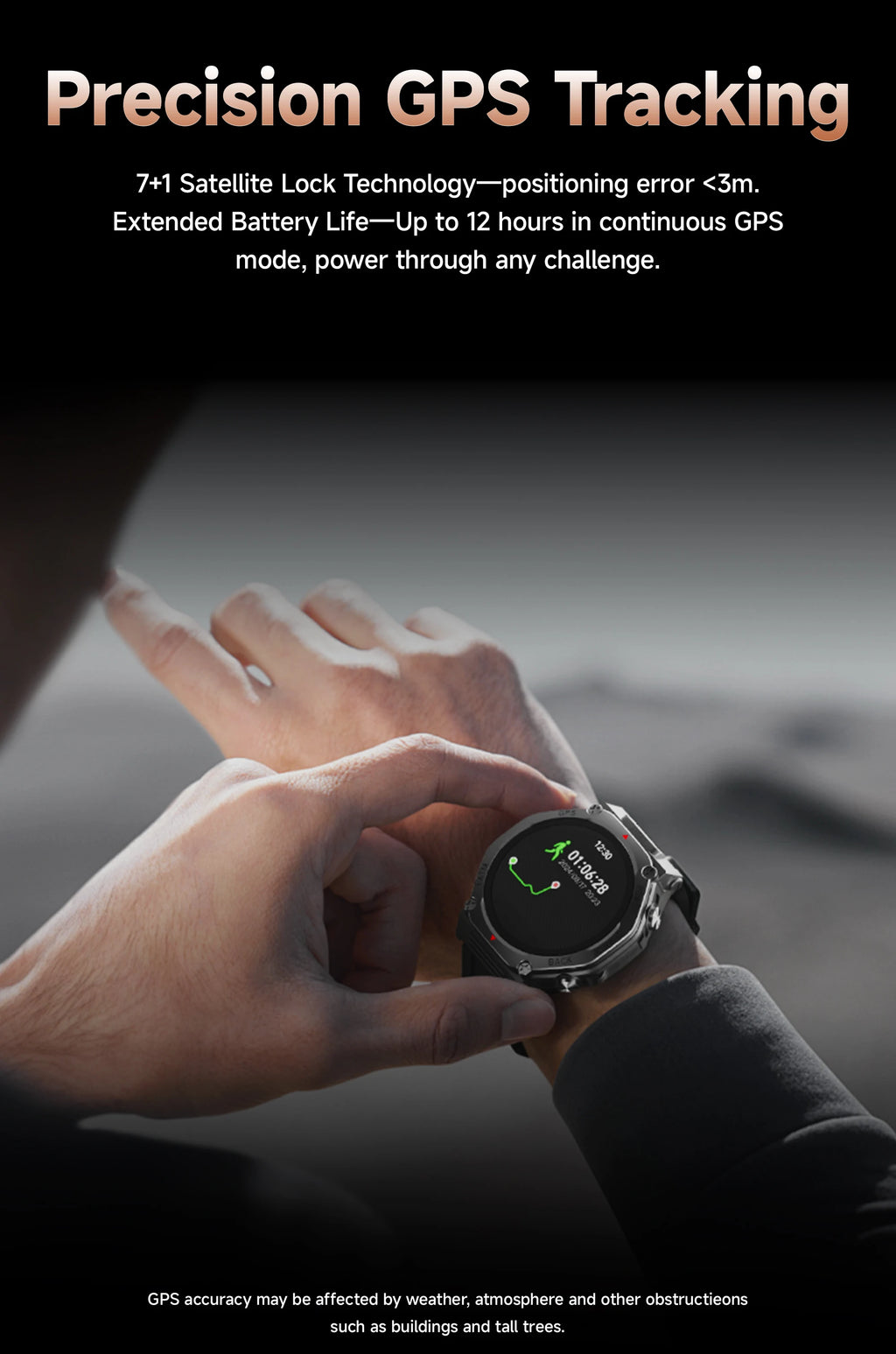 Rugged, silver-cased GPS smartwatch with a black strap, displaying map tracking data on a circular digital face.
