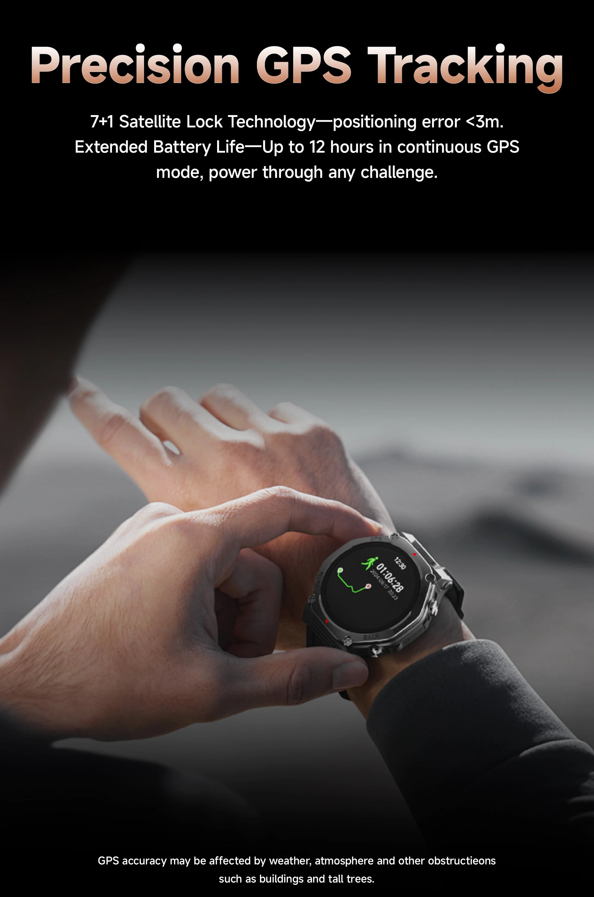 Rugged, silver-cased GPS smartwatch with a black strap, displaying map tracking data on a circular digital face.