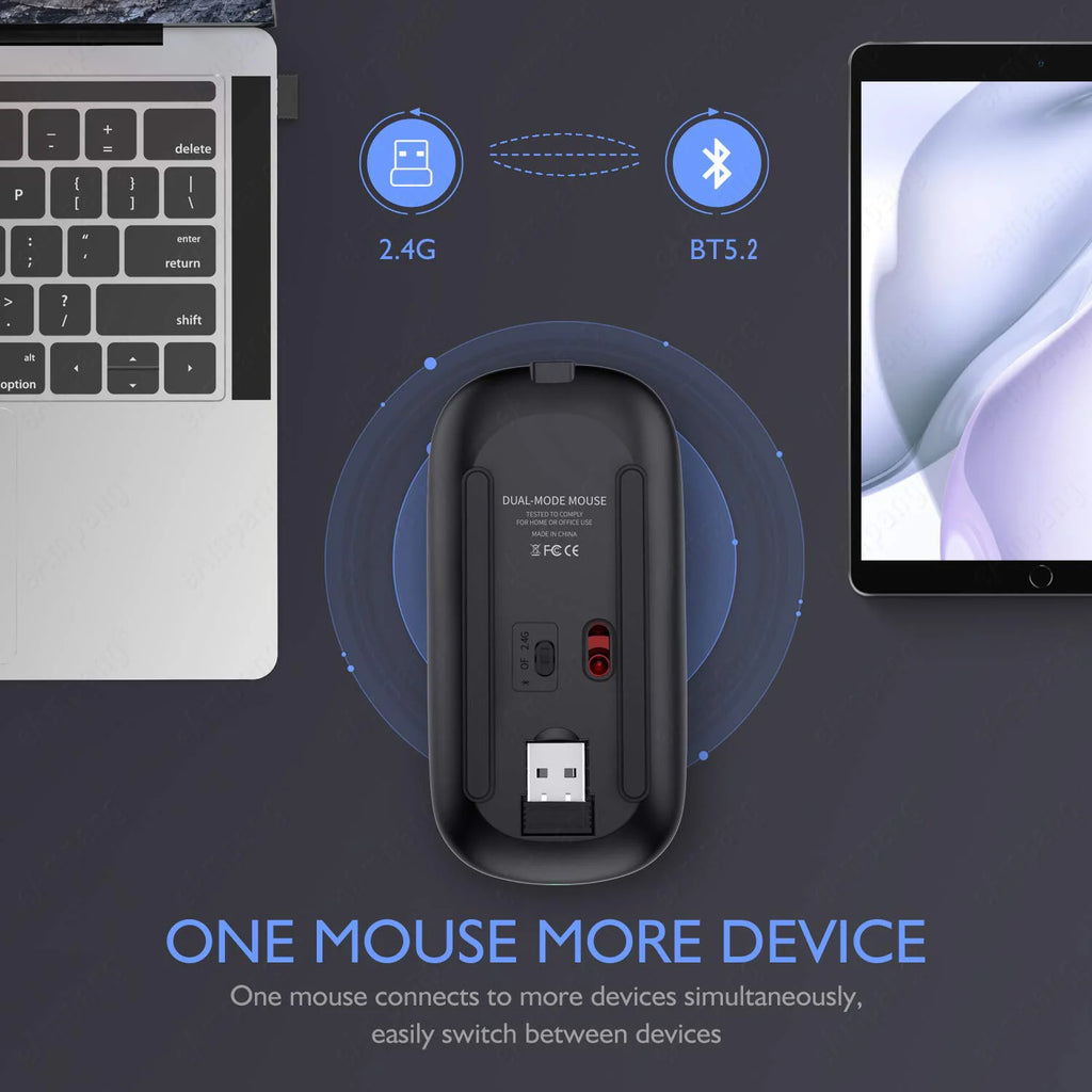 Black dual-mode wireless mouse with USB receiver, supporting 2.4G and Bluetooth 5.2 connectivity.