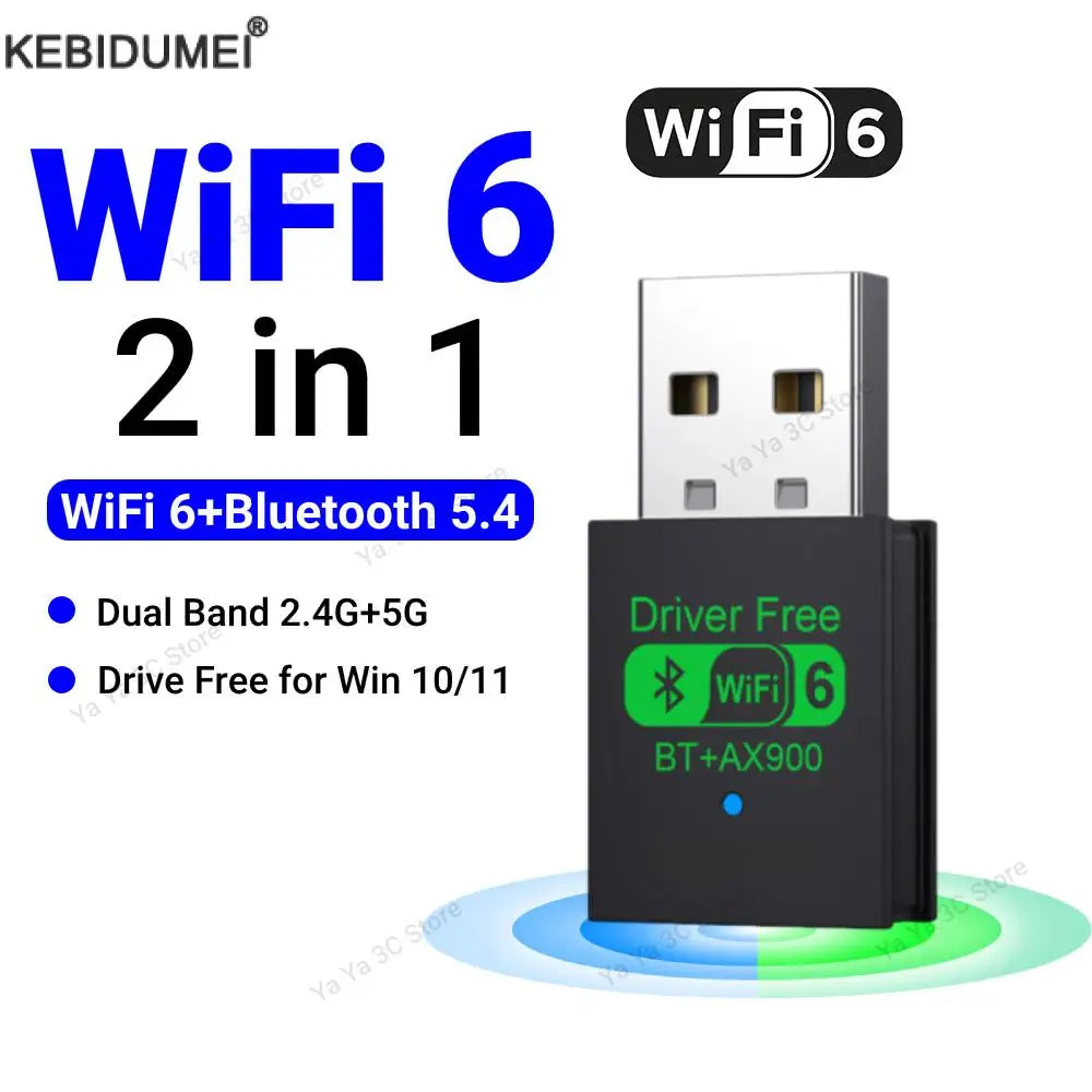 Black dual-band WiFi 6 and Bluetooth 5.4 USB adapter with green icons and a compact, driver-free design.
