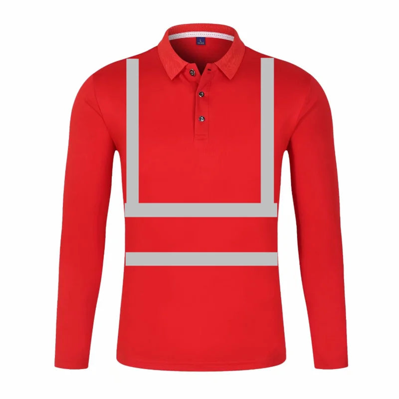 Red long-sleeved high-visibility work polo shirt with reflective tape strips and a button-up collar.