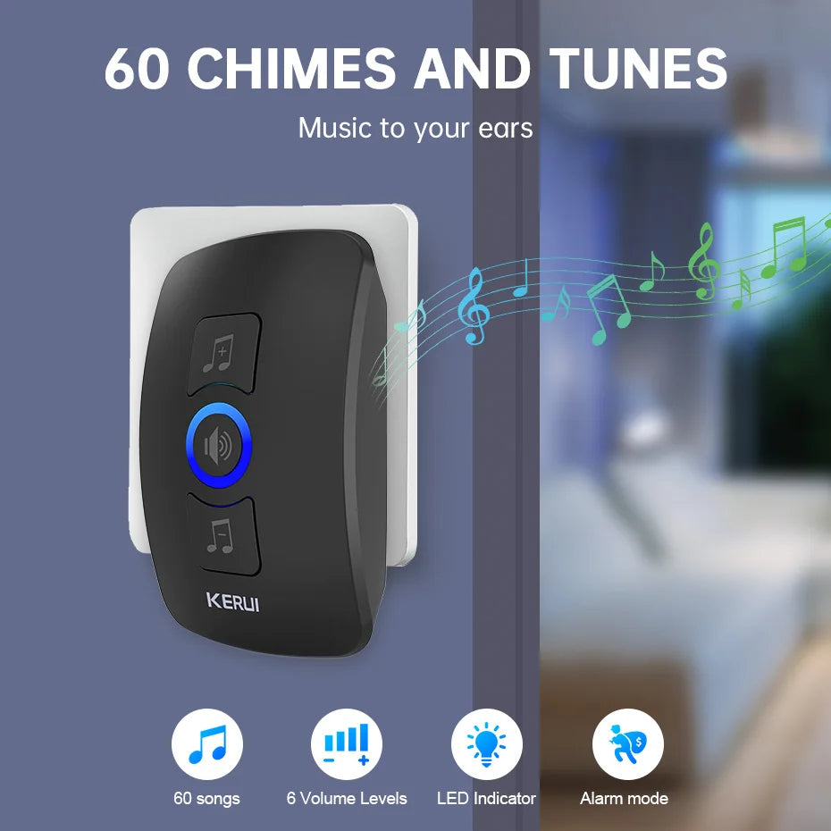 Black plastic wall-plug door chime with volume and tune control buttons, a blue LED indicator, and 60 selectable tones.