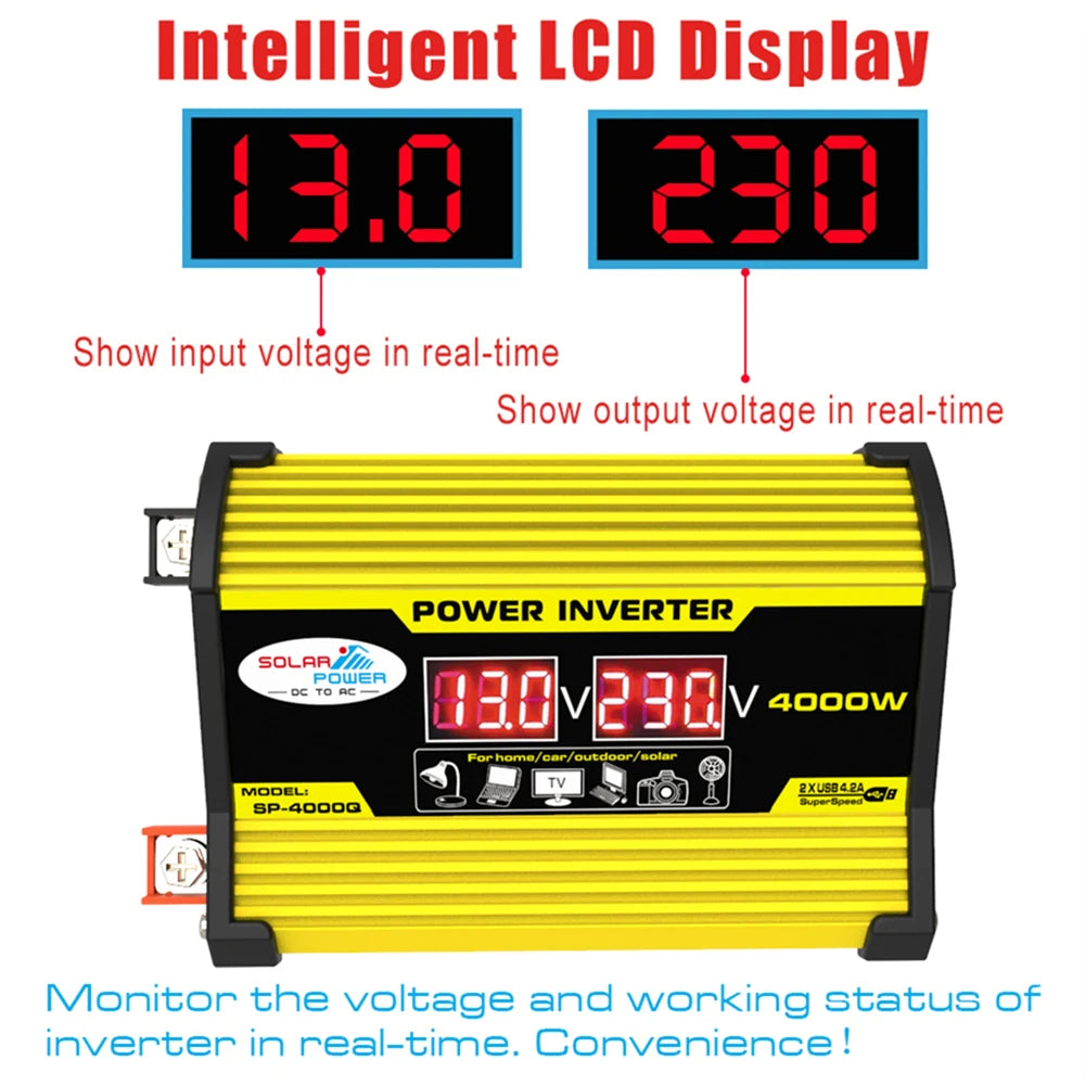 Yellow and black portable car power inverter with a digital LCD screen showing real-time input and output voltage.