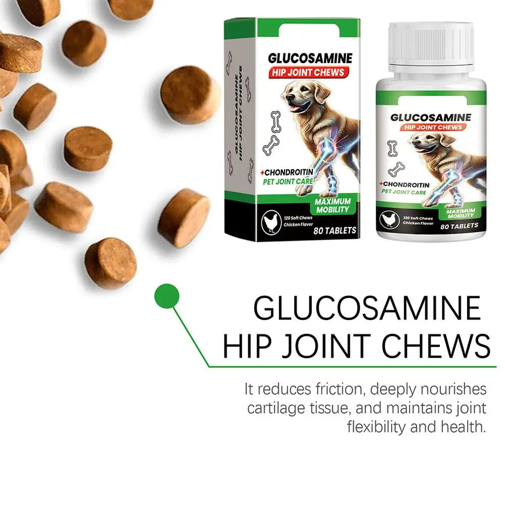 Glucosamine hip joint supplement chews for dogs, featuring 80 tablets in a bottle and box with chicken flavour.