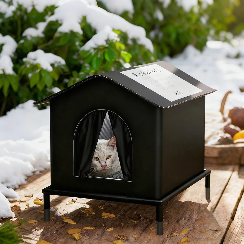 A black, waterproof outdoor cat house on raised legs, featuring a front curtain, set in a snowy garden.