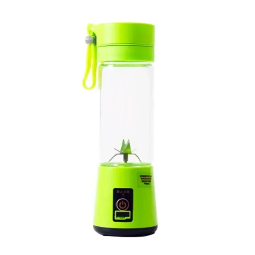 Portable lime green personal blender with a clear cup, built-in blades, and a convenient carrying strap.