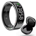 Glossy black smart health ring with an LED digital display and a matching charging case.