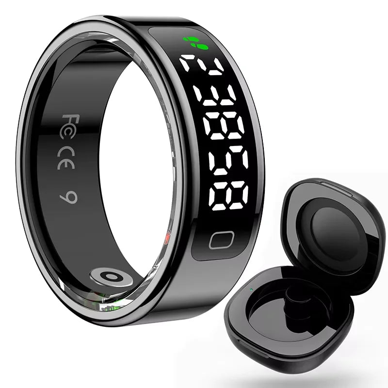 Glossy black smart health ring with an LED digital display and a matching charging case.