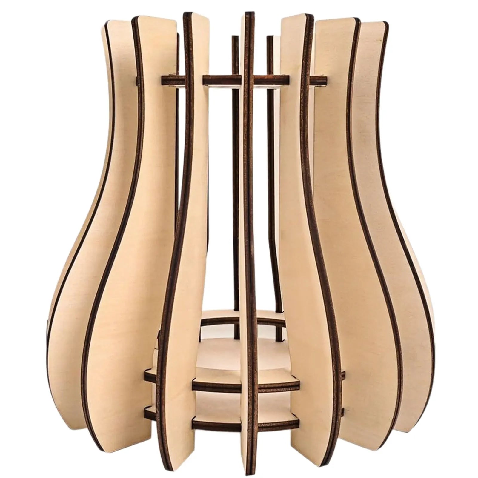 Modern light wood lamp shade with a curved, slatted design and dark brown edges on a white background.