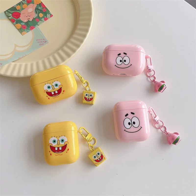 Glossy silicone SpongeBob and Patrick AirPods cases with matching charms, compatible with AirPods 1/2 and Pro models.