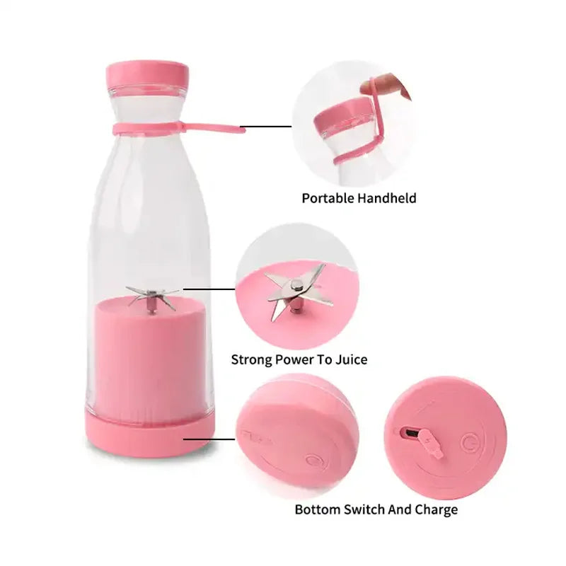 Pink portable blender bottle with a clear body, stainless steel blades, charging port, and carrying loop.