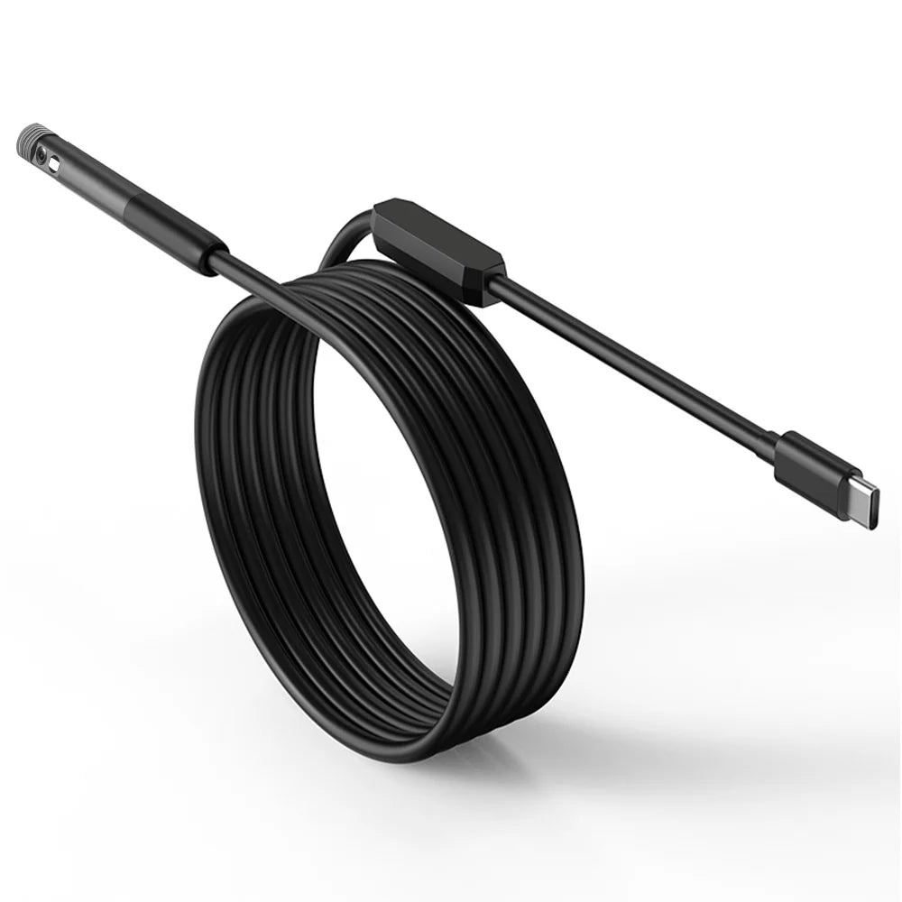 Black industrial inspection camera with a long, coiled cable and USB-C connector.