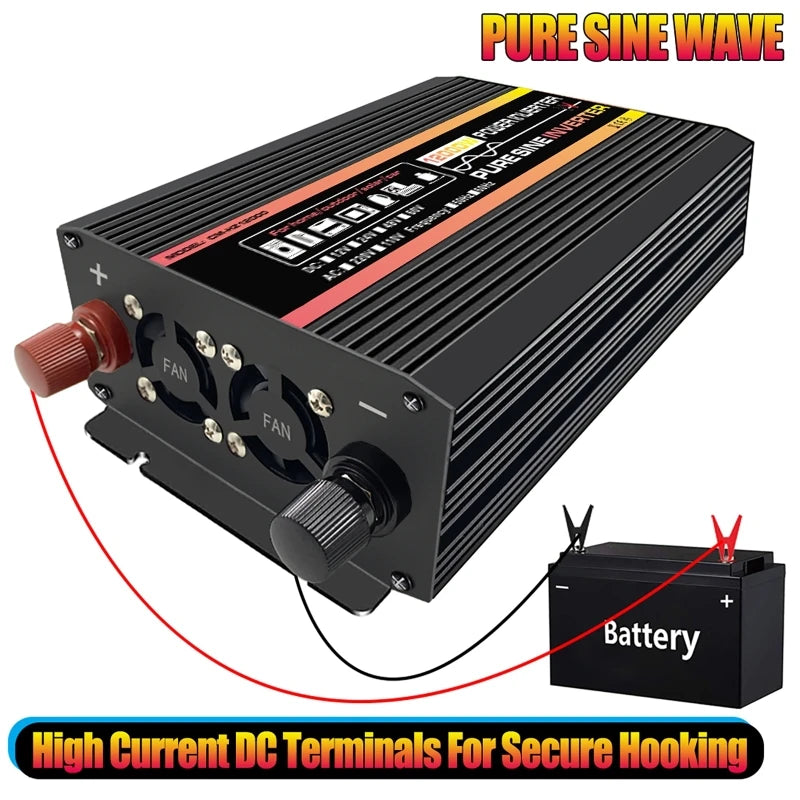 Black 12000W pure sine wave power inverter with cooling fans, connected to a battery with red and black terminals.