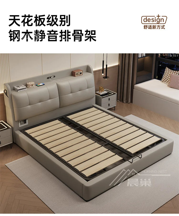 Modern cream upholstered storage bed with a tufted headboard featuring integrated shelving and USB charging ports.