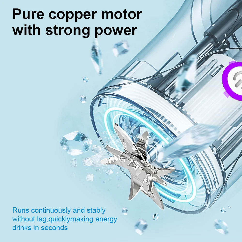 A close-up of a powerful blender with a clear container, metallic multi-blade, and glowing blue motor base.