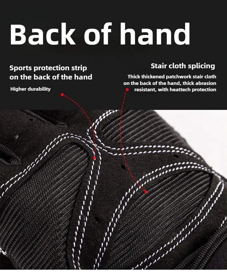 Close-up of a black sports glove showing reinforced stitched fabric panels and breathable material on the back of hand.