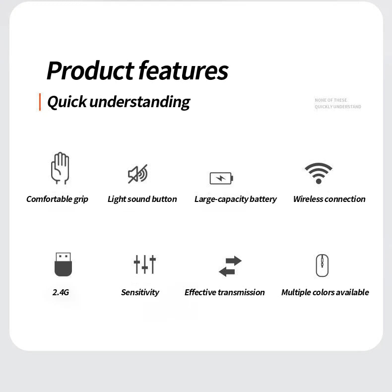 Infographic showing wireless mouse features: comfortable grip, quiet clicks, long battery, 2.4G connection, and DPI.