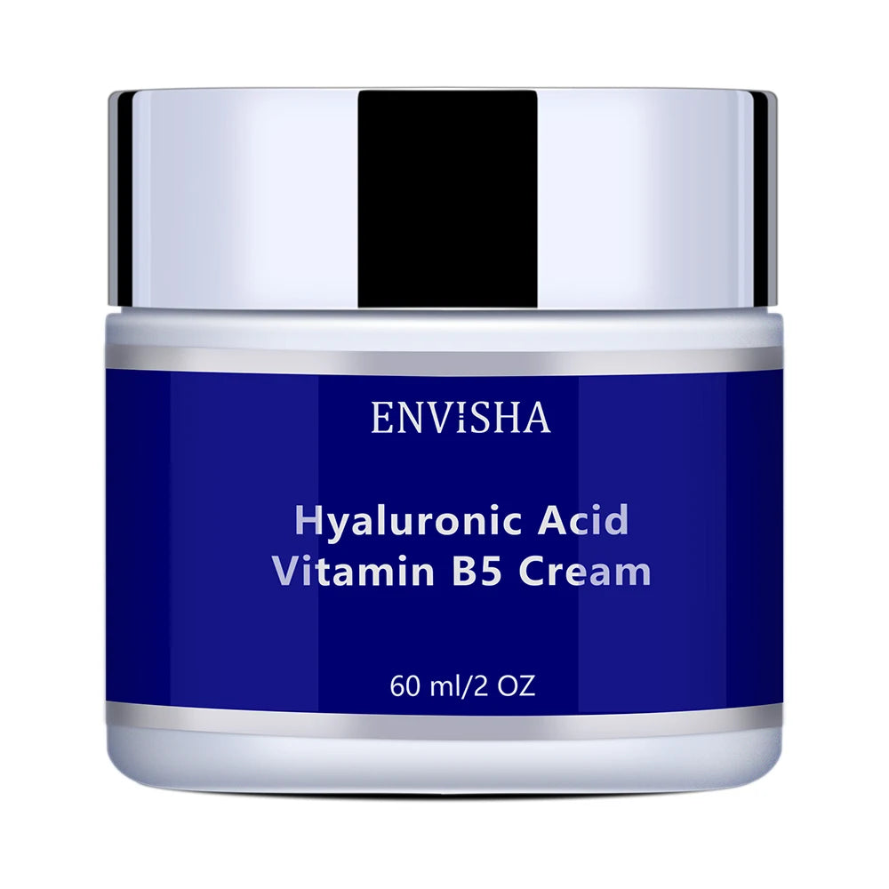 60ml jar of Hyaluronic Acid and Vitamin B5 face cream in a blue and silver container with a metallic screw-top lid.