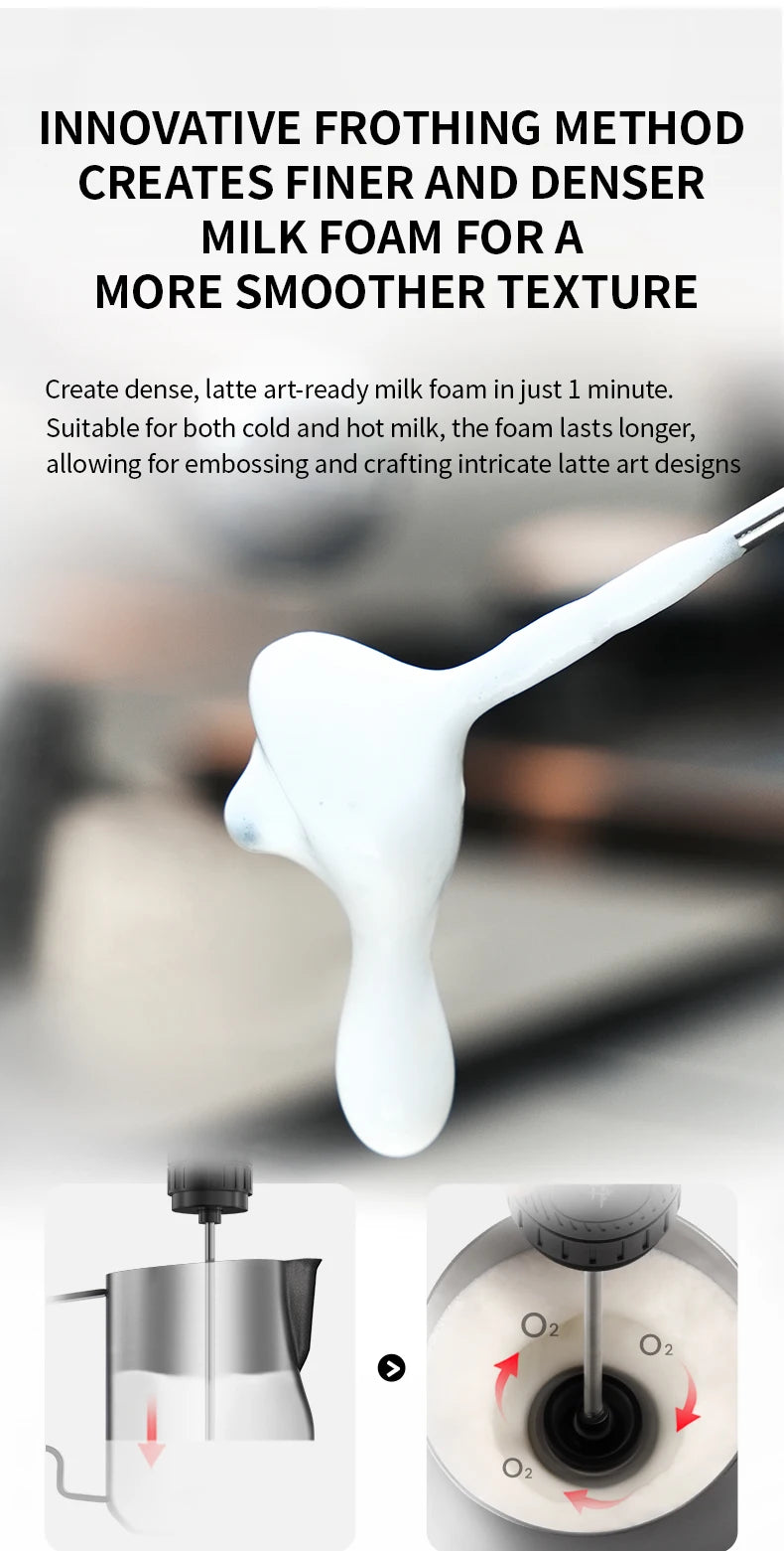 Handheld electric milk frother with silver steel whisk creating thick white foam in a metal pitcher.