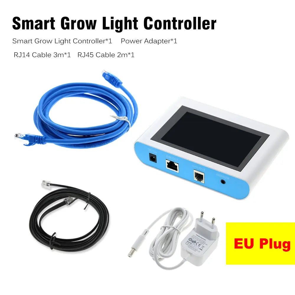 Smart grow light controller with a 4.3-inch touch screen, two connection cables, and an EU power adapter.