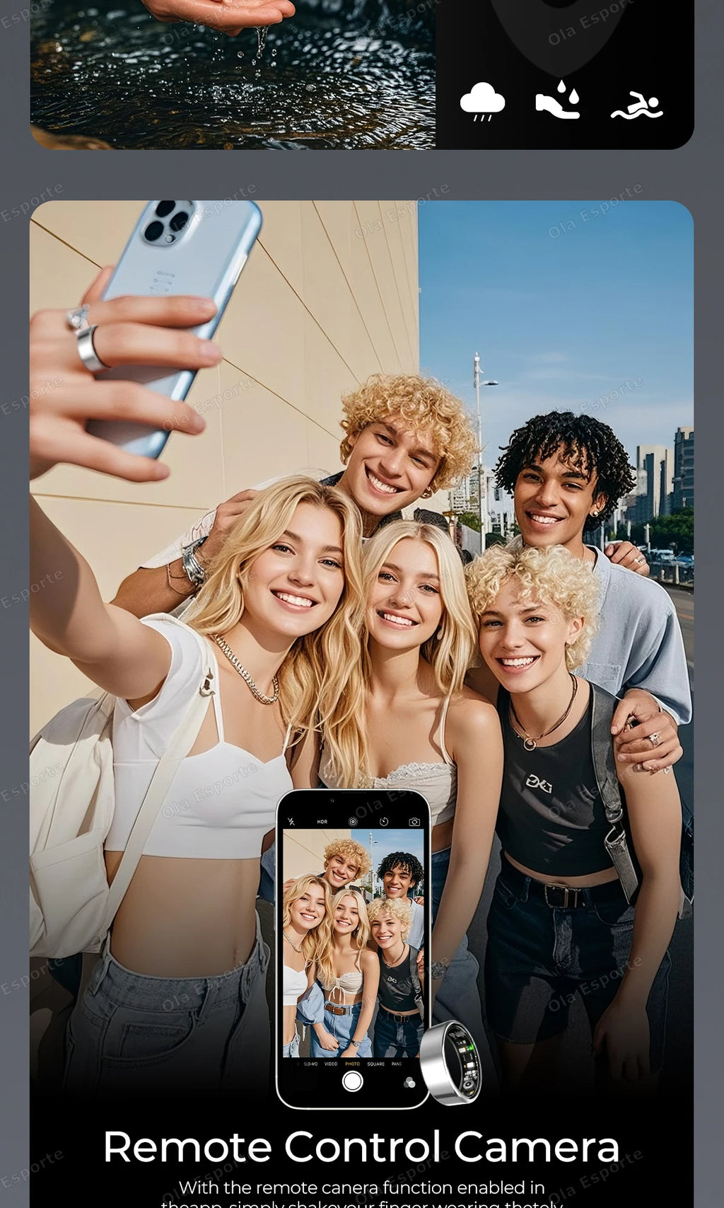 A sleek silver smart fitness ring worn by a young woman taking a group selfie with her friends.