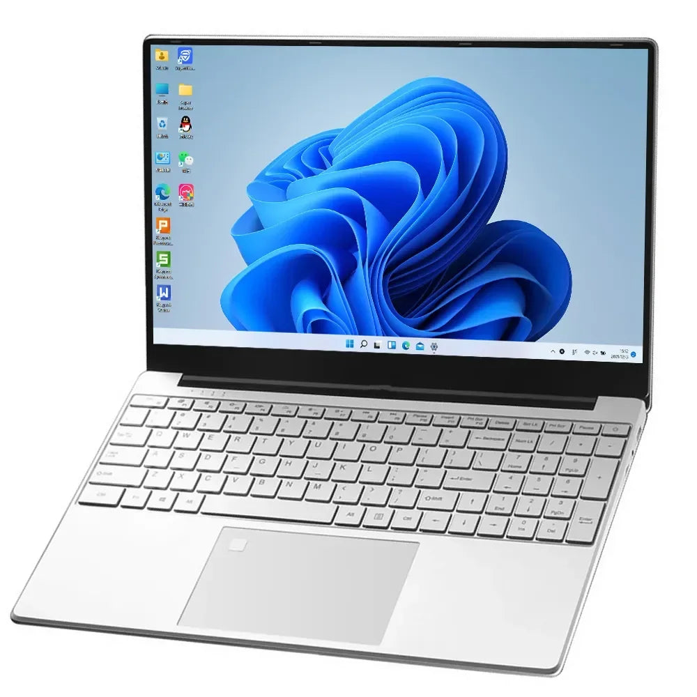 Sleek silver 15.6-inch laptop with a slim bezel, backlit keyboard and a clear, high-definition display.