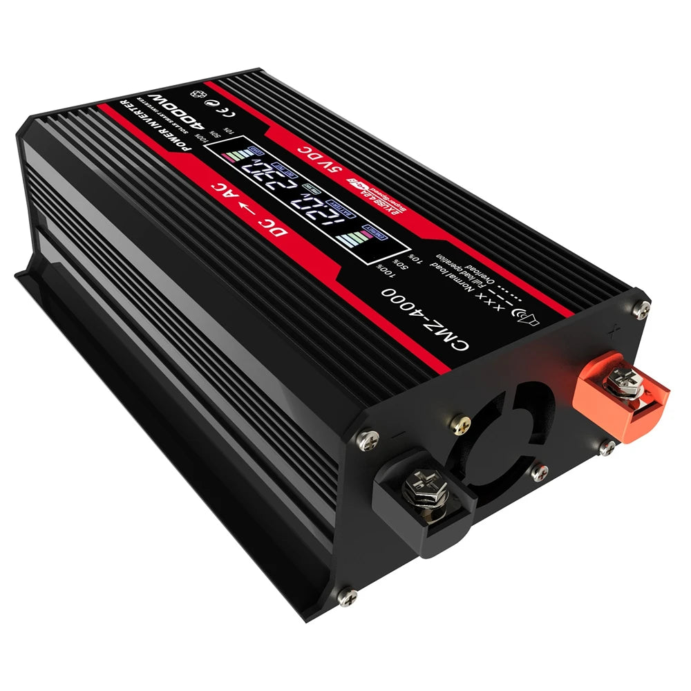 Black and red 4000W car power inverter with a digital LCD display, cooling fan, and DC battery terminals.