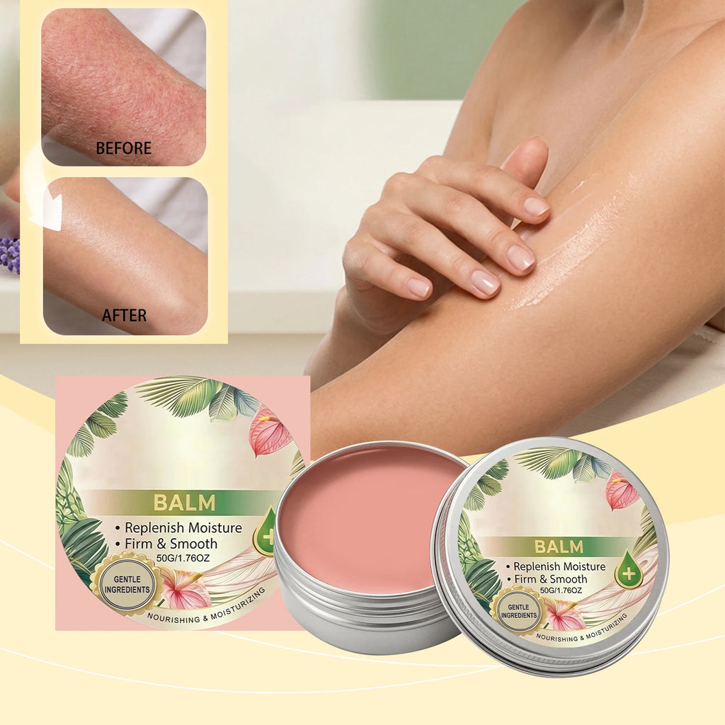 50g pink moisturising balm in a silver tin, showing before and after skin results and a woman applying the cream.