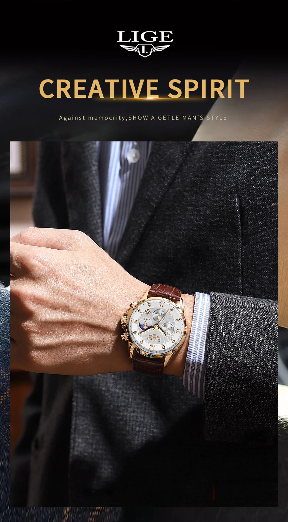 Men's classic gold-tone chronograph watch with a textured brown leather strap, worn on a wrist in a formal suit.