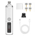White electric pet nail grinder with LED light, speed settings, extra grinding heads, protective cap and USB cable.
