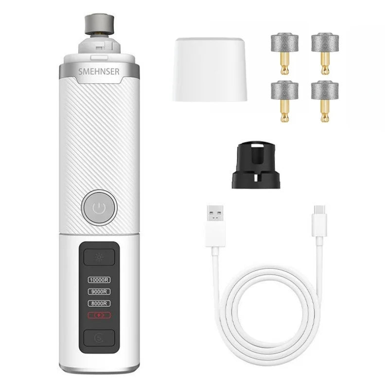 White electric pet nail grinder with LED light, speed settings, extra grinding heads, protective cap and USB cable.