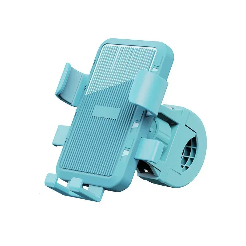 Light blue bicycle phone mount with adjustable side grips and secure handlebars clamp.
