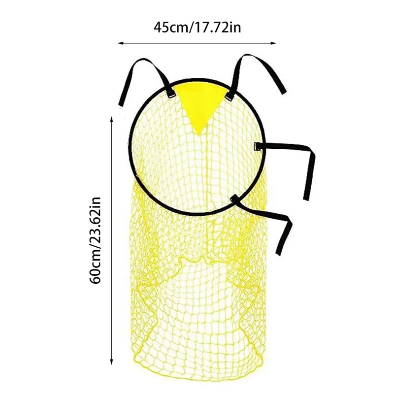 Yellow mesh ball net with black circular frame and attachment straps, measuring 45cm wide by 60cm long.
