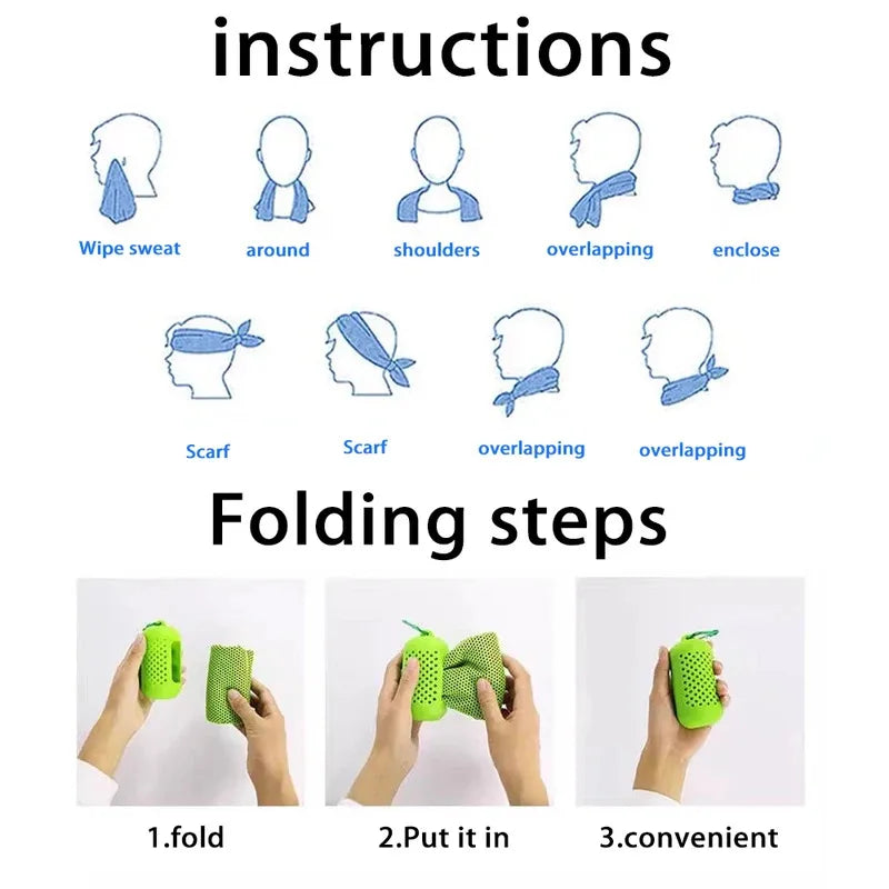 Instructions for a blue cooling scarf, showing various ways to wear it and how to fold it into a lime green case.