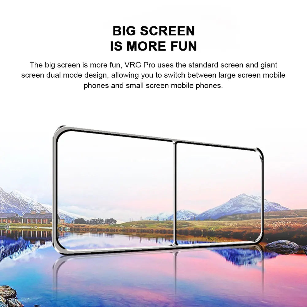 A rectangular, silver-framed VR headset divider on a scenic mountain lake background.