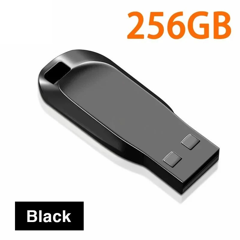 A sleek, black 256GB USB flash drive with a keyring loop, shown from an angled perspective.
