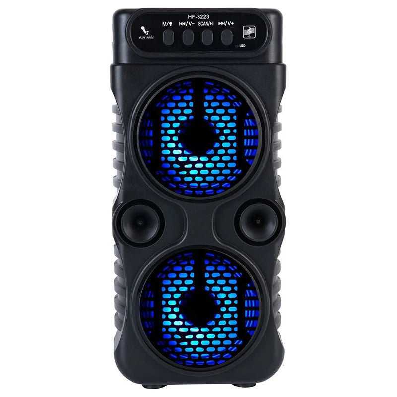 Black portable wireless speaker with two circular speakers featuring bright blue LED lighting and top control buttons.